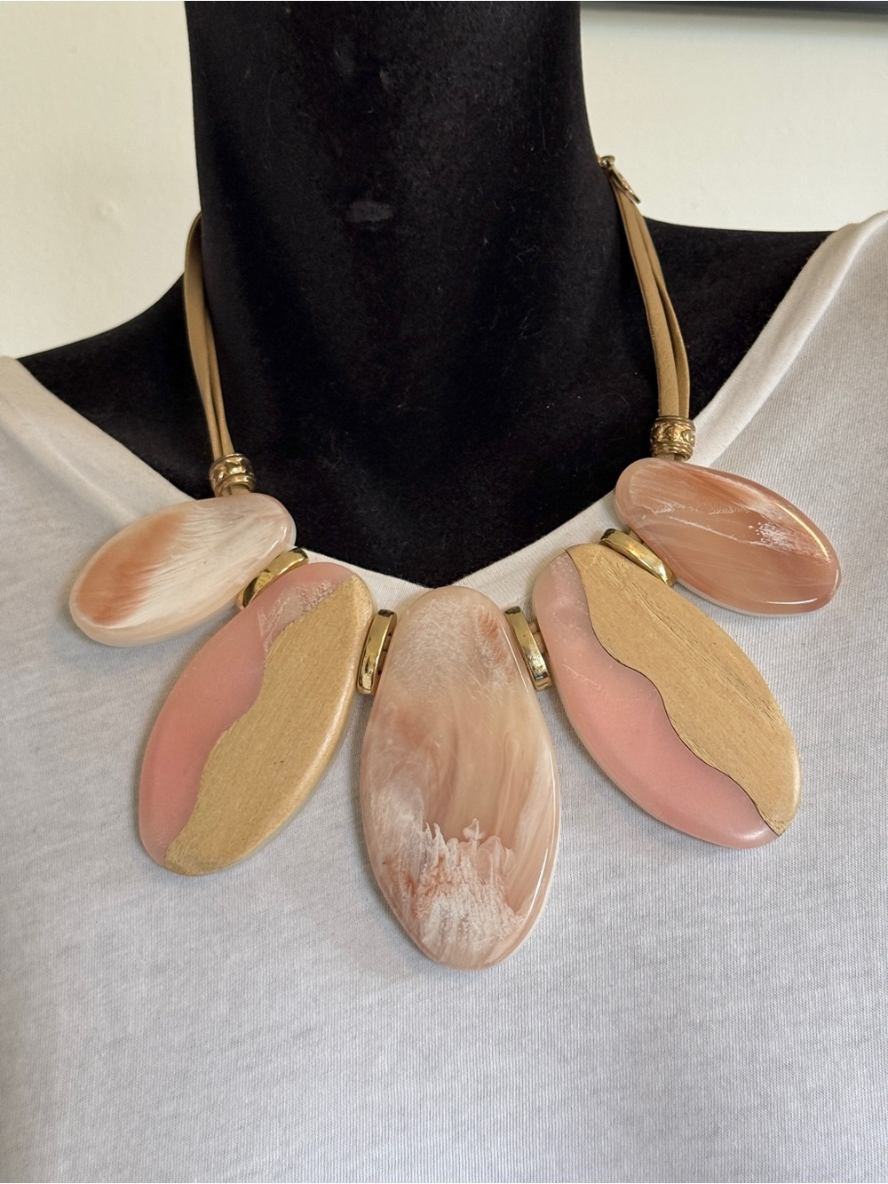 "Rush" by Denis & Charles Chunky Beige & Pink Acrylic & Wood Statement Necklace